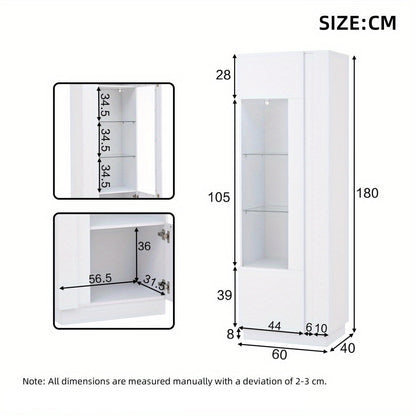 Vitrinekast – Glazen Kast – Displaykast – Opbergkast – Vitrine – Hoogglans Wit – 60x40x180 cm – Acryl Deuren – Vrijstaand zonder Elektriciteit