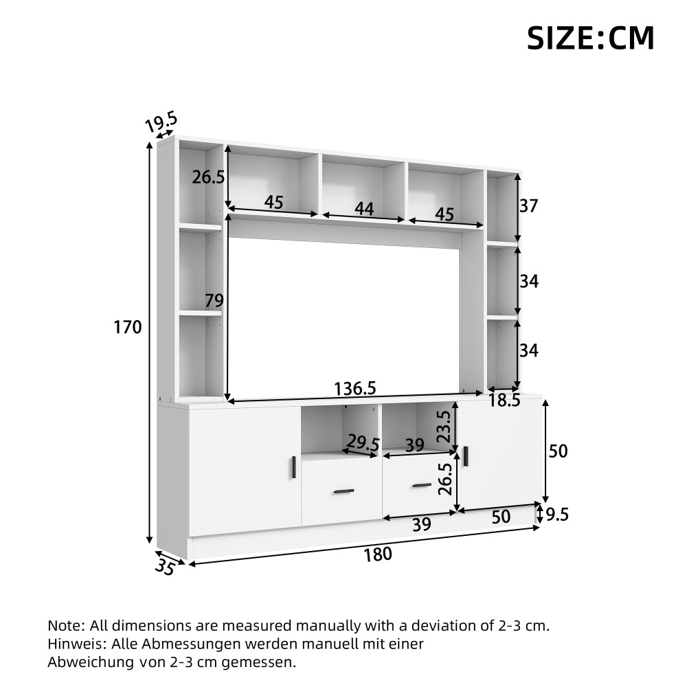Modern TV Wall Cabinet & Display Furniture Set with 2 Cabinets, 2 Drawers, 11 Storage Compartments - Metal Frame Non-Wood Living Room Media Console, Shelving Unit for Small Spaces, Assembly Required