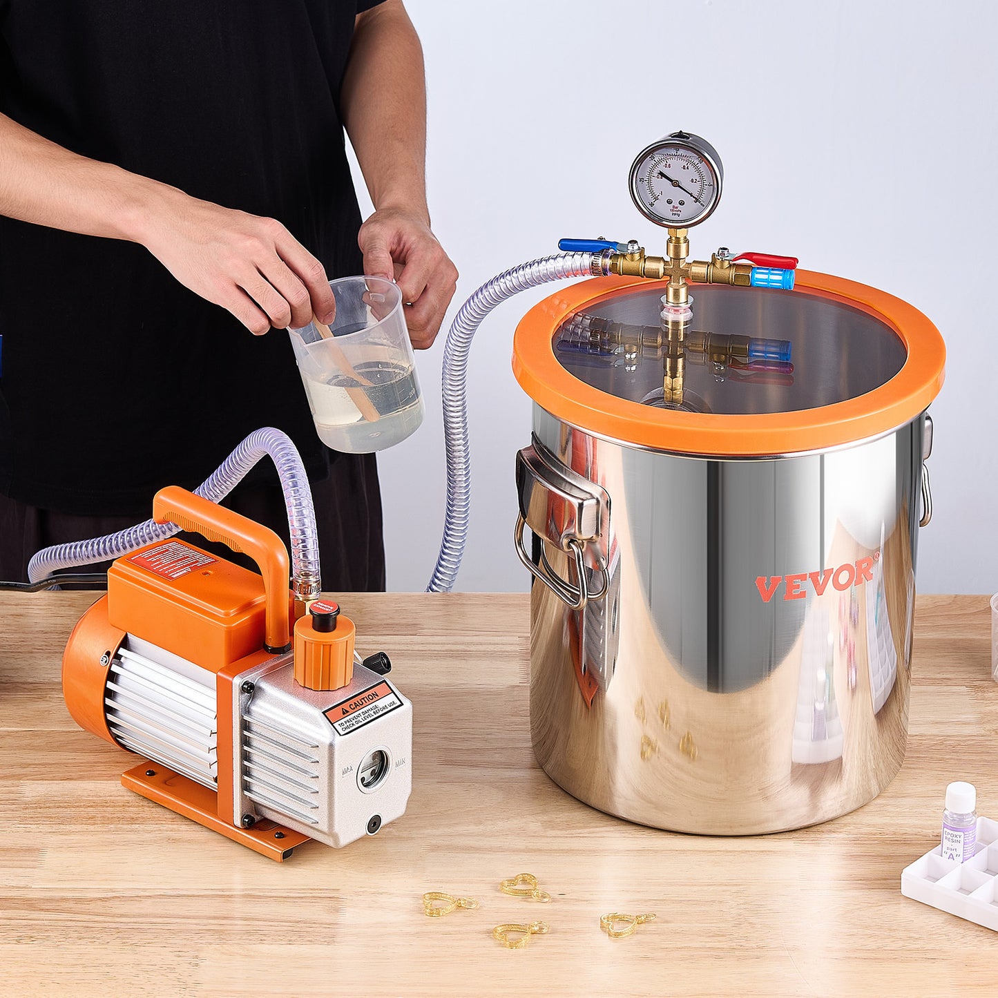 Vacuum Kamer – Vacuümkamer – Ontgassingskamer – Hars Kamer – Resin Ontluchter – 5 Gallon – Roestvrij Staal – Krachtige 3.5 CFM Vacuümpomp
