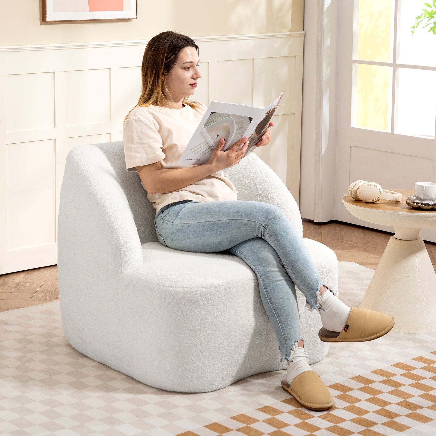 Fauteuil – Armstoel – Relaxstoel – Zitzetel – Lounge Chair – Crème Wit – Fleece Bekleding – Comfortabele Dikke Kussens