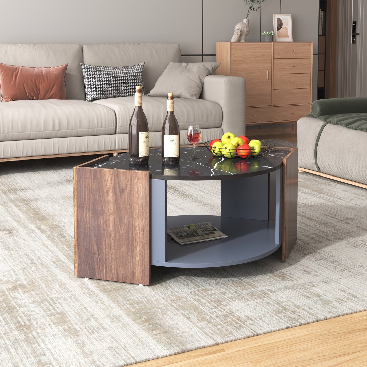 Koffietafel – Salontafel – Bijzettafel – Tafeltje – Lounge Tafel – Modern Marmerlook – Warmbruin Onderstel – Geen Montage – Compact Design