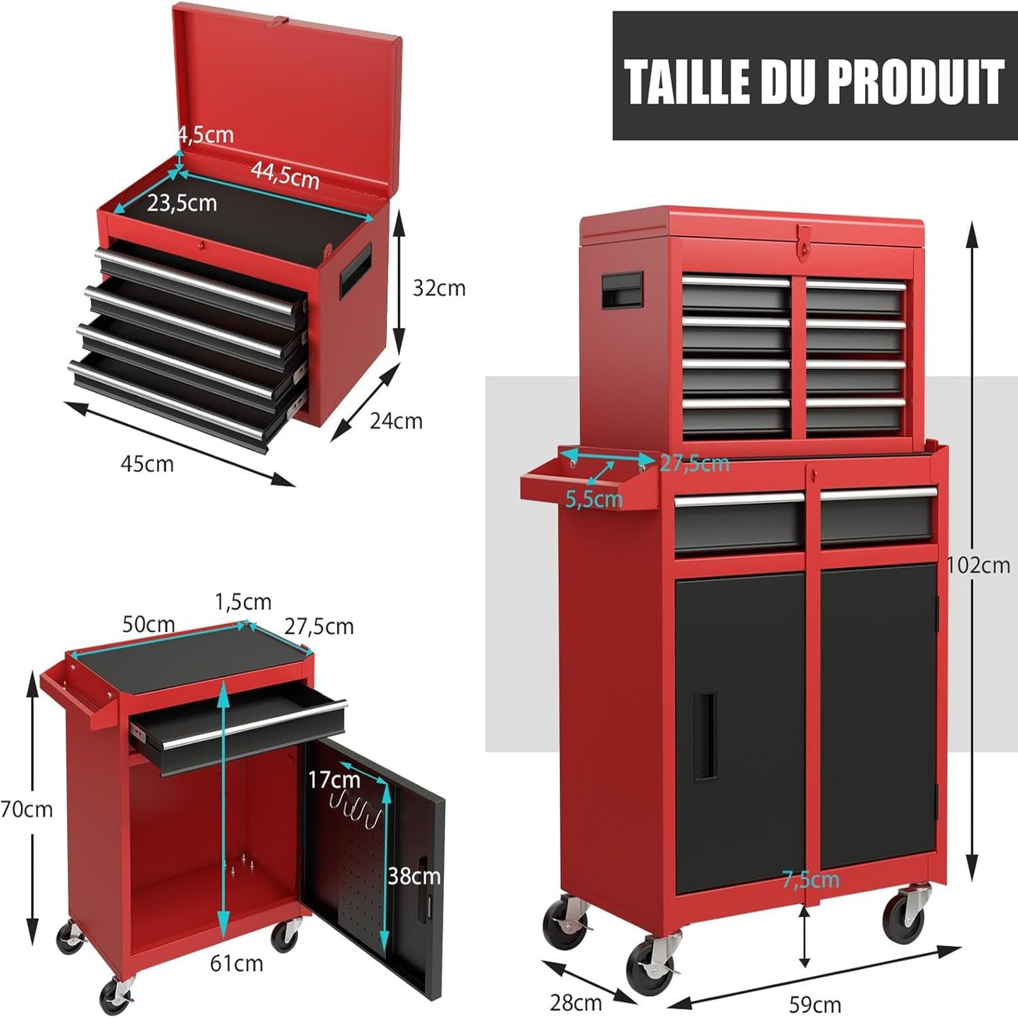 Gereedschapskist – Gereedschapskoffer – Toolbox – Gereedschapswagen – Gereedschapskist op wielen – 5 Laden – Robuust Metaal met Automatische Vergrendeling