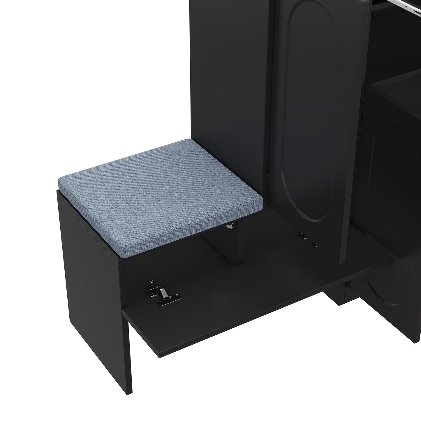 Modern Entryway Storage Cabinet with Hinged Doors - Heavy-Duty Metal Construction, Space-Saving Shoe Organizer with Upholstered Bench, Height-Adjustable Compartments, Curved Door Design for Hallway, Living Room, Bedroom - No