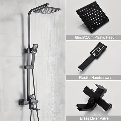 Luxurious Matte Black Rainfall Shower System Kit - 20.32 cm Square Rain Shower Head & Handheld Spray With Adjustable Height Brass Holder, Free Hose, 3-Function Retrofit Set For A Premium Bathroom Experience, Shower Accessorie
