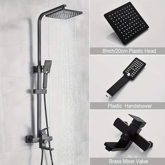 Luxurious Matte Black Rainfall Shower System Kit - 20.32 cm Square Rain Shower Head & Handheld Spray With Adjustable Height Brass Holder, Free Hose, 3-Function Retrofit Set For A Premium Bathroom Experience, Shower Accessorie