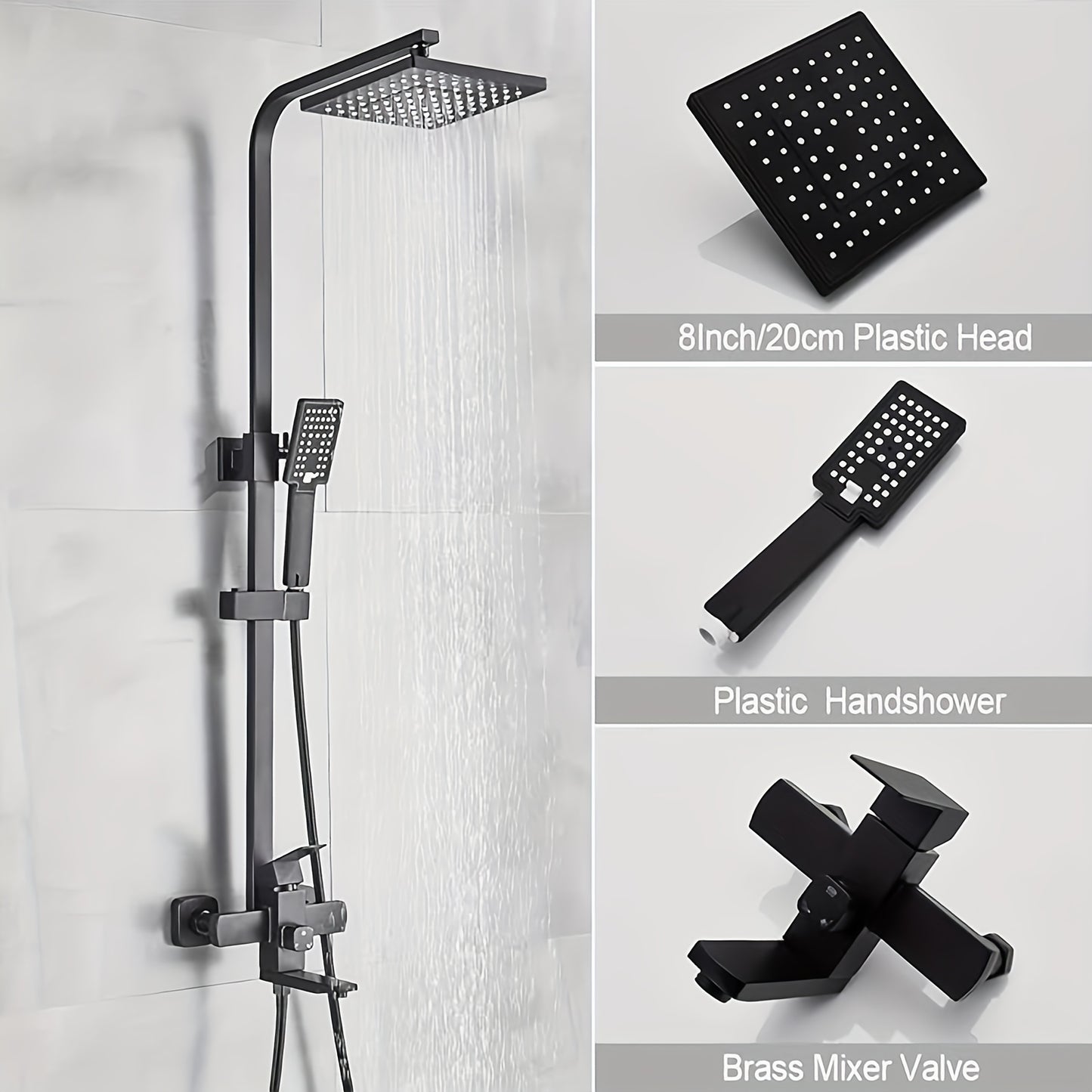 Regendouche – Doucheset – Douchekop – Douche – Regendoucheset – Mat Zwart – Vierkante 20,3 cm Hoofddouche – Messing Verstelbare Houder