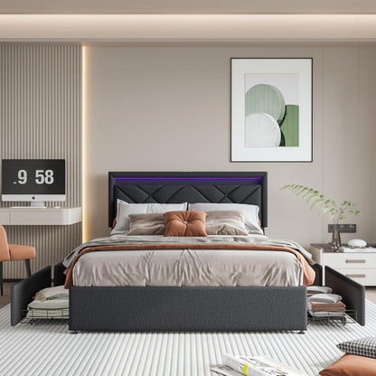 Bedkast – Tweepersoonsbed – Opbergbed – Bed Met Laden – Gestoffeerd Bed – 160x200 cm – LED Hoofdbord Met Afstandsbediening – USB Oplaadpoort