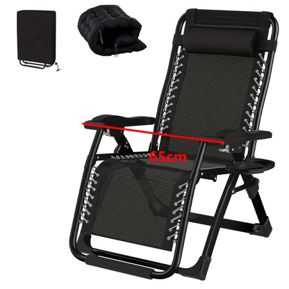 Lounge Stoel – Relaxstoel – Tuinstoel – Campingstoel – Balkonstoel – Verstelbare Rugleuning – Inklapbaar Met Draagbaar Metalen Frame – Zachte Katoenen Kussens – Met Dienblad – Zwart 65 cm