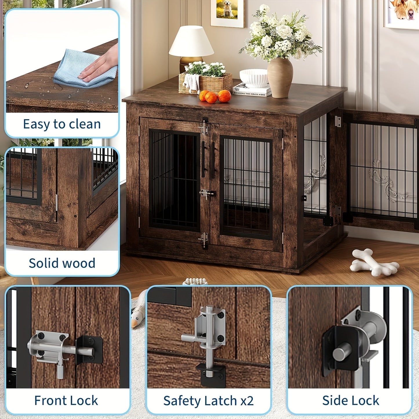 Hondenbench – Hondenkooi – Hondenhok – Dog crate – Houten bench – 80x60x65 cm – Dubbele deuren – Robuust fiberboard