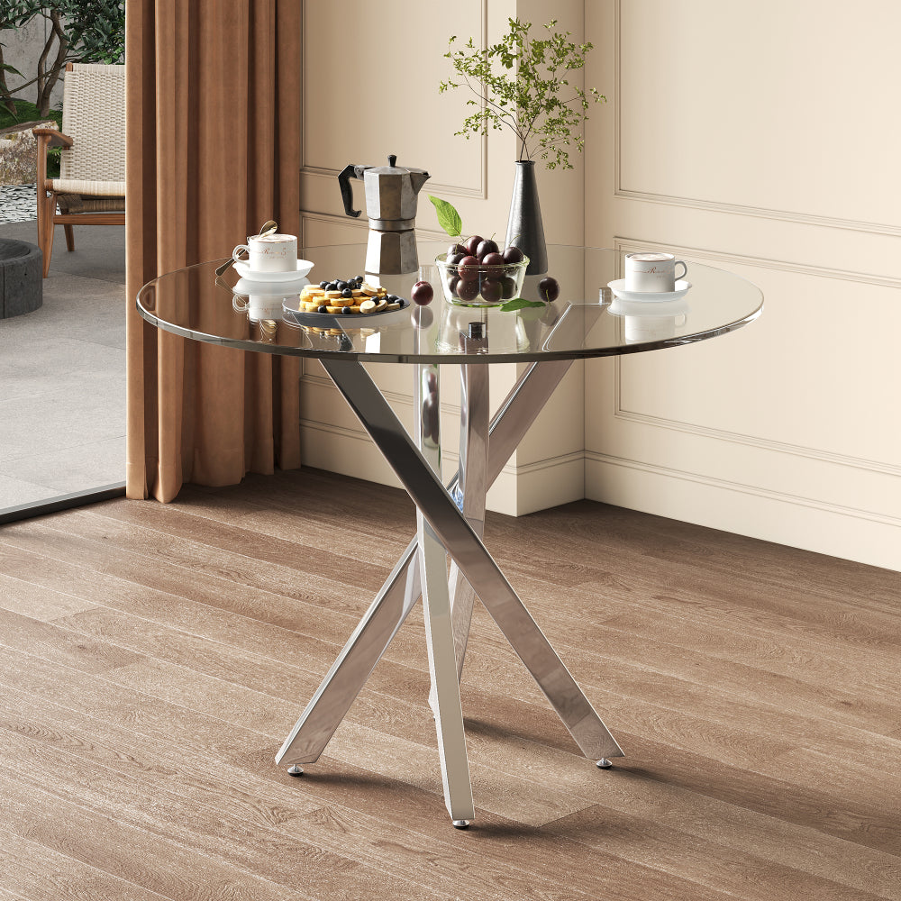 Eettafel – Tafel – Ronde Tafel – Keukentafel – Bijzettafel – Gehard Glas Tafelblad – Gegalvaniseerd Stalen Onderstel – 80x80x75 cm – Ruimtebesparend Design