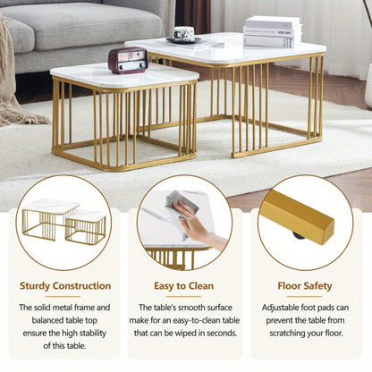 Salontafel Set – Bijzettafel – Tafeltje – Woonkamertafel – Tafel Vierkant – Hoogglans Marmerlook – Gouden Poten – Verstelbare Voetjes – MDF – 70x70x45 & 50x50x36,5 cm
