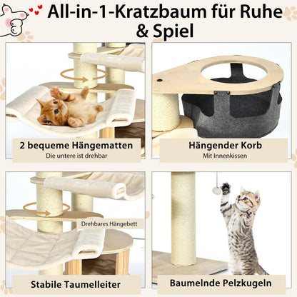 Krabpaal – Kattenkrabpaal – Kattenboom – Kattenhuis – Krabmeubel – 7 Niveaus – 197 cm Hoog – Inclusief Hangmat, Grot en Speelballen – Beige – Massief Hout & Sisal Bekleding