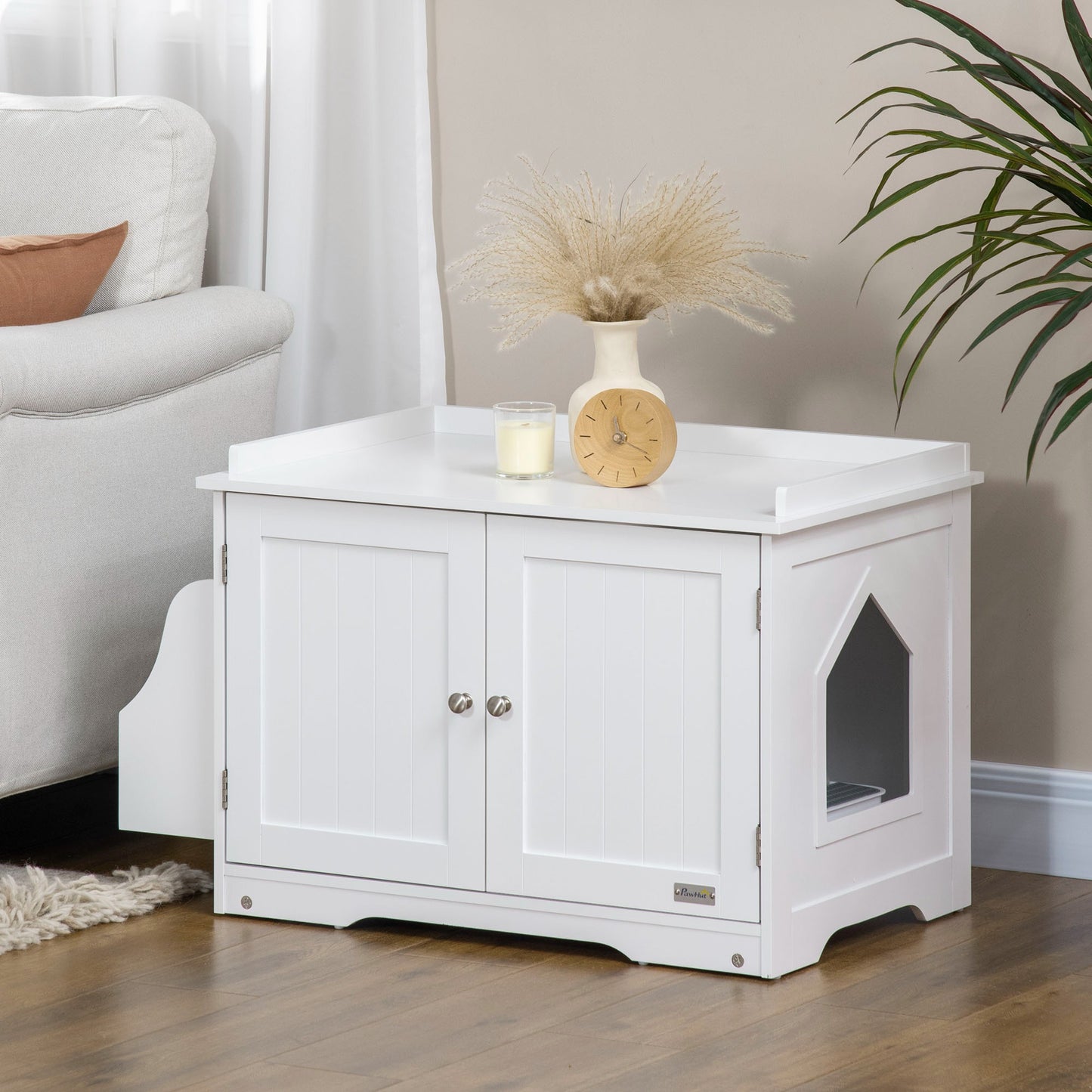 kattenbakhuis – kattenbakhuisje – kattentoilet – kattenbakmeubel – kattenbakkast – wit MDF hout – verstelbare binnenschot 86x48x52 cm