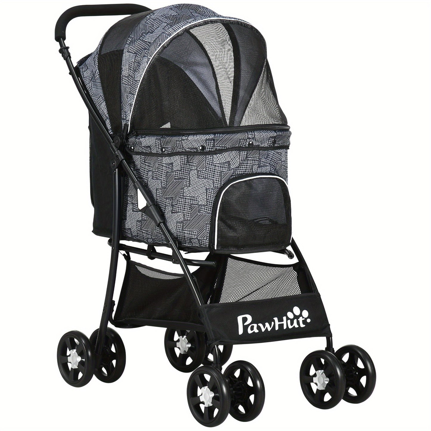 Hondenwagen – Hondenbuggy – Dierenwagen – Huisdierwagen – Hondenkar – Inklapbaar Ontwerp – Comfortabel Zitkussen – Stevig IJzeren Frame – Ventilerende Mesh Ramen – Grijs/Zwart Oxford