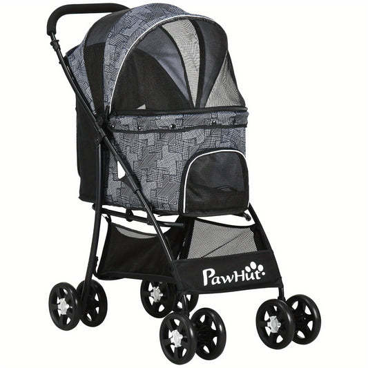 Hondenwagen – Hondenbuggy – Dierenwagen – Huisdierwagen – Hondenkar – Inklapbaar Ontwerp – Comfortabel Zitkussen – Stevig IJzeren Frame – Ventilerende Mesh Ramen – Grijs/Zwart Oxford
