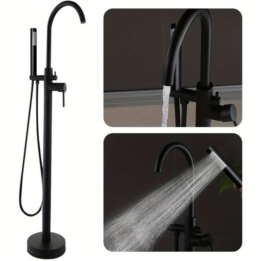 Badkraan – Badmengkraan – Badthermostaat – Mengkraan – Handdouche – Vrijstaand – Zwart – Messing – Vloermontage – Hoogte 115 cm – Watervaluitloop 22 cm