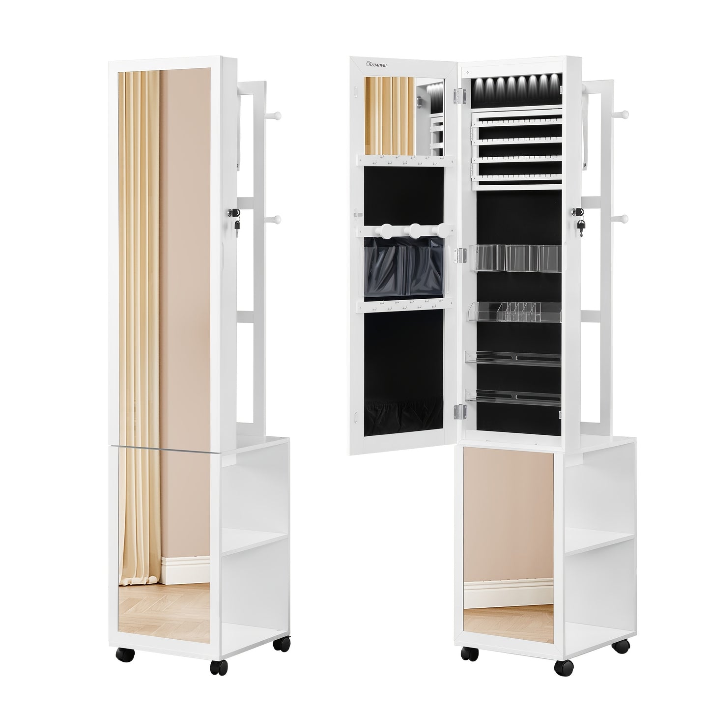 Sieradekast – Sieradekast Met Spiegel – Sieraden Organizer – Kledingkast – Jewelry Armoire – 5-in-1 Design – Verplaatsbaar Met Slot – Wit Zwart Variant
