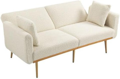 Velvet 3 Seater Design Sofa, Folding 3-Adjustable Sofa Bed, Metal Leg Support Living Room, Bedroom, Small Space, Comfortable for Sitting or Sleeping (White + Teddy) - QUORE