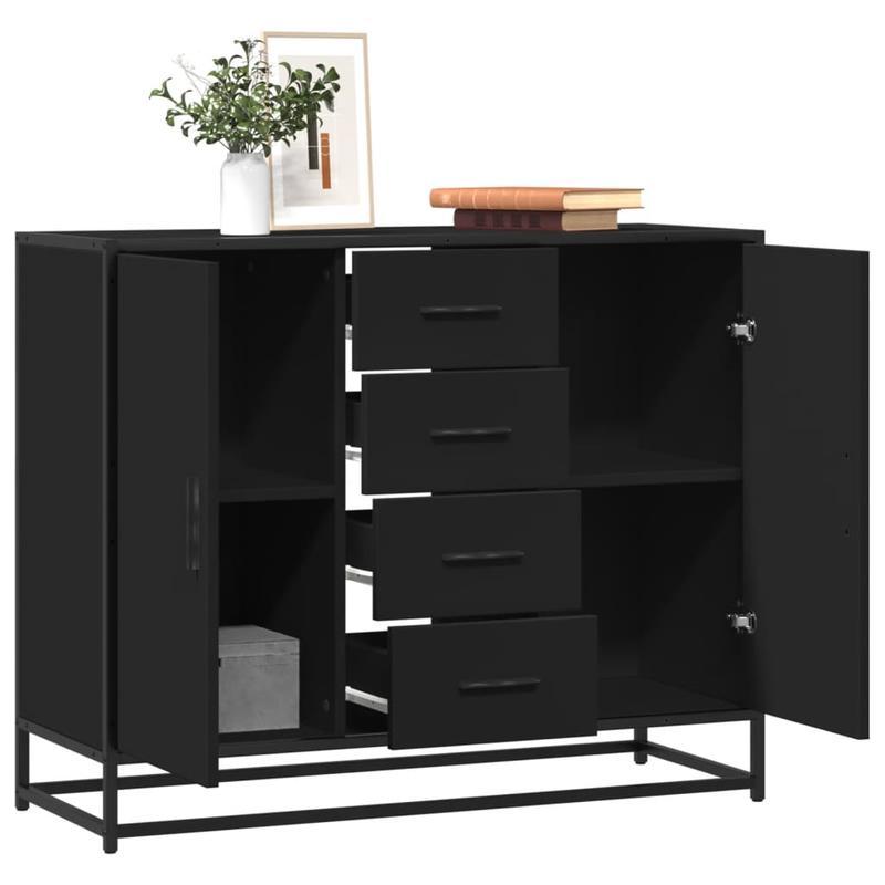 Modern Black Wooden Sideboard Cabinet with Drawers and Shelves - 92x35x76cm, 3 Drawers, 2 Open Shelves, 1 Closed Shelf, Removable Storage Organizer for Living Room or Office, Cabinet Storage, Minimalist Design, Sleek Finish,