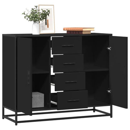 Modern Black Wooden Sideboard Cabinet with Drawers and Shelves - 92x35x76cm, 3 Drawers, 2 Open Shelves, 1 Closed Shelf, Removable Storage Organizer for Living Room or Office, Cabinet Storage, Minimalist Design, Sleek Finish,