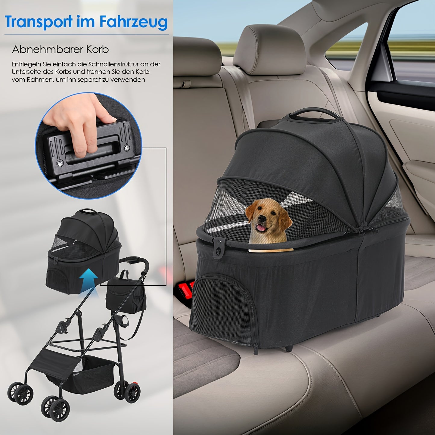 Hondenbuggy – Hondenwagen – Hondenkar – Dierenwagen – Huisdierenwagen – Tot 30 kg Draagvermogen – 360° Draaibare Dubbele Wielen – Inklapbaar – Oxford Stof