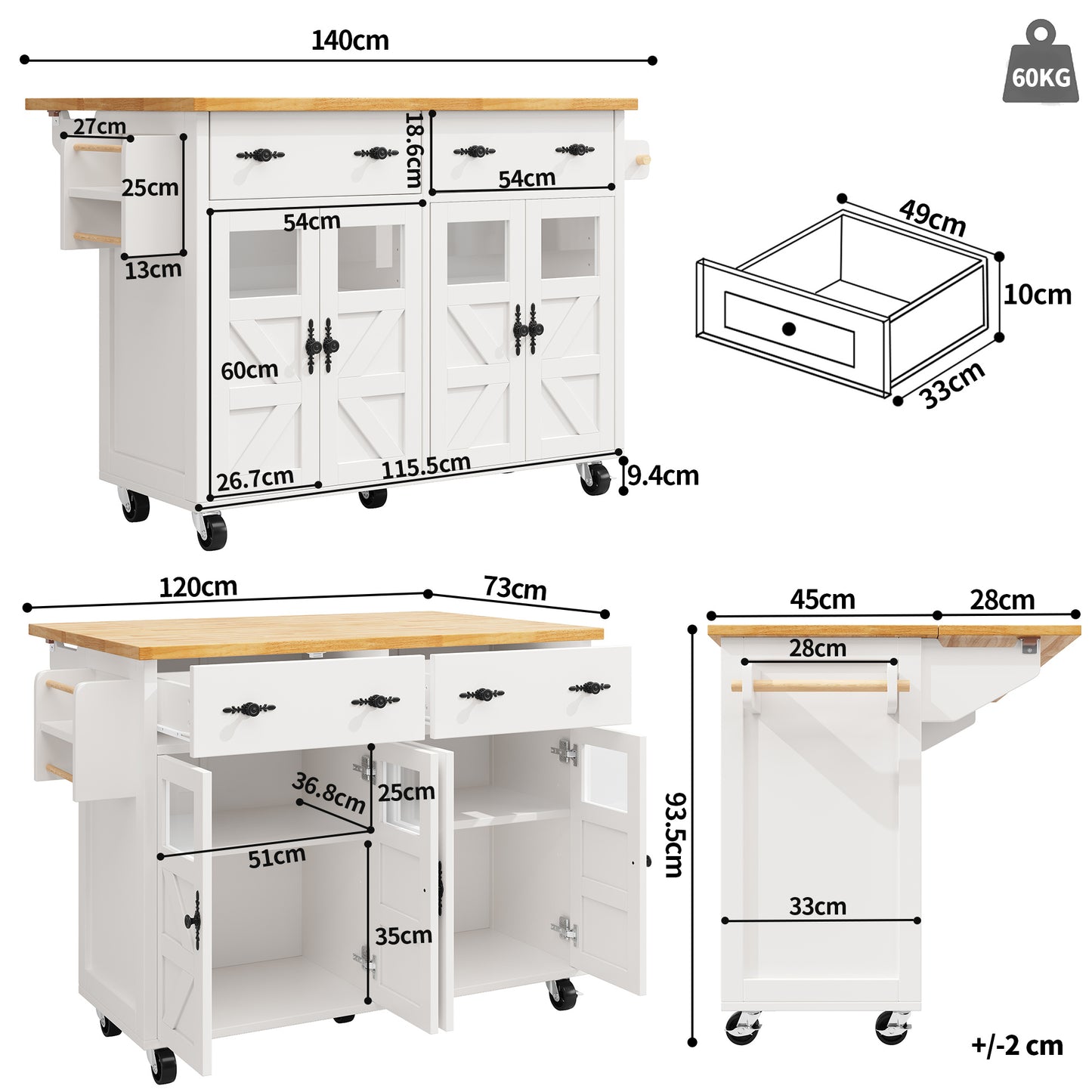 Keukeneiland – Keukenwagen – Serveerwagen – Buffetkast – Eettafel – Verstelbare Planken – Verrijdbaar Met Remmen – 140x73x93,5 cm – MDF & Veiligheidsglas