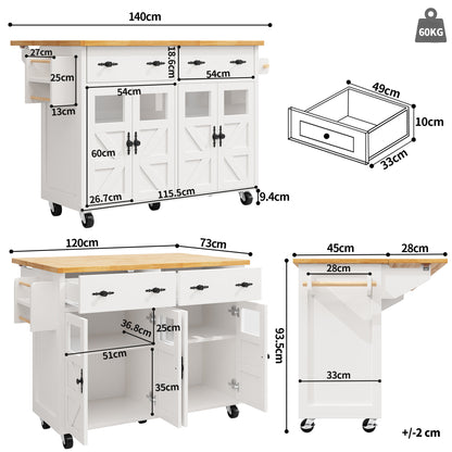 Keukeneiland – Keukenwagen – Serveerwagen – Buffetkast – Eettafel – Verstelbare Planken – Verrijdbaar Met Remmen – 140x73x93,5 cm – MDF & Veiligheidsglas