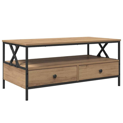 Salontafel – Koffietafel – Woonkamertafel – Bijzettafel – Tafel – Rechthoekig Design – Eikenhout & Zwart Metaal – 100x51x45 cm – Met Onderplaat