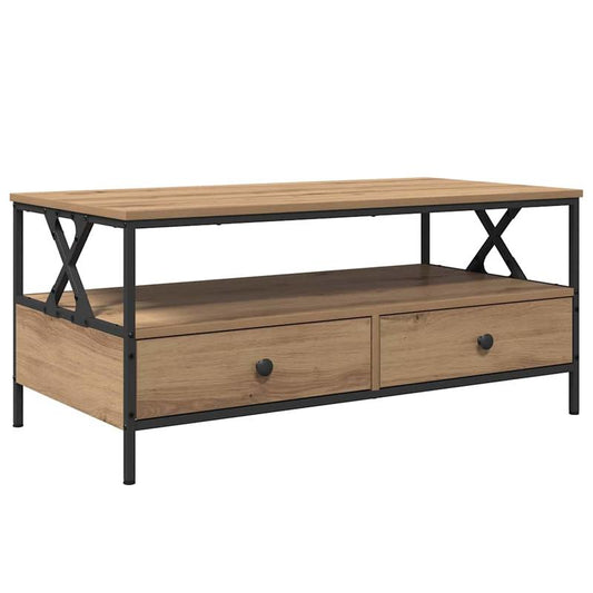 Salontafel – Koffietafel – Woonkamertafel – Bijzettafel – Tafel – Rechthoekig Design – Eikenhout & Zwart Metaal – 100x51x45 cm – Met Onderplaat