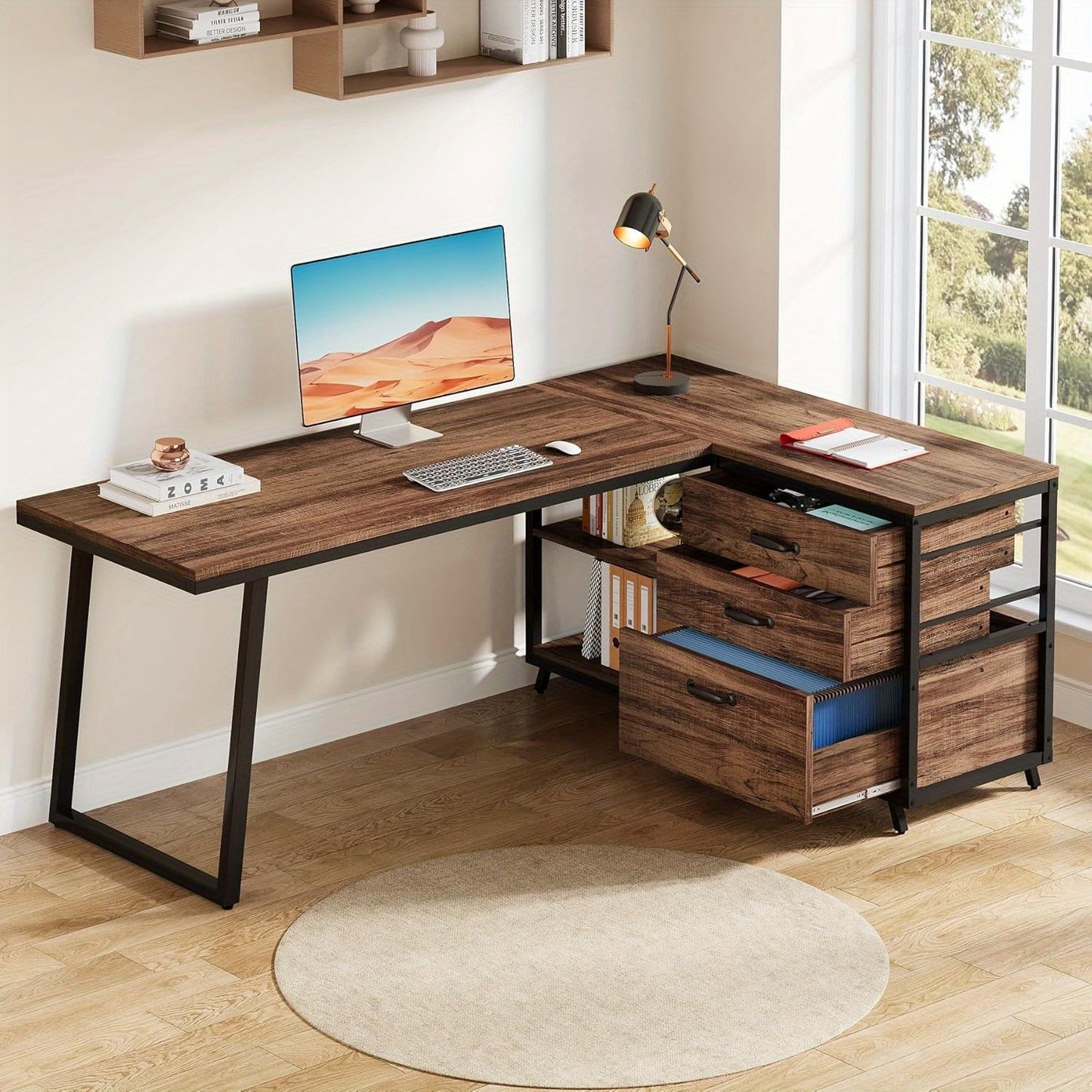 Hoekbureau – Bureau – Computerbureau – Werkplek – L-vormig bureau – Bruin – Omkeerbaar ontwerp – 134,62 cm Werkblad – 3 Laden en 2 Open Planken