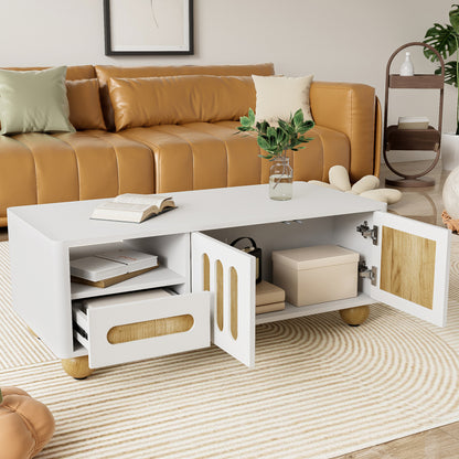 Salontafel – Koffietafel – Woonkamertafel – Bijzettafel – Tafel – Wit Houtlook – 105x50x40 cm – Met 4 Deuren en 2 Lades – Afgeronde Hoeken en Bolvormige Poten