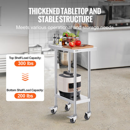 Roestvrijstalen Werktafel – Werkbank – Keukentafel – Prep Tafel – RVS Werkblad – 24"x15" – Verstelbare Legplanken – Wieltjes Met Rem