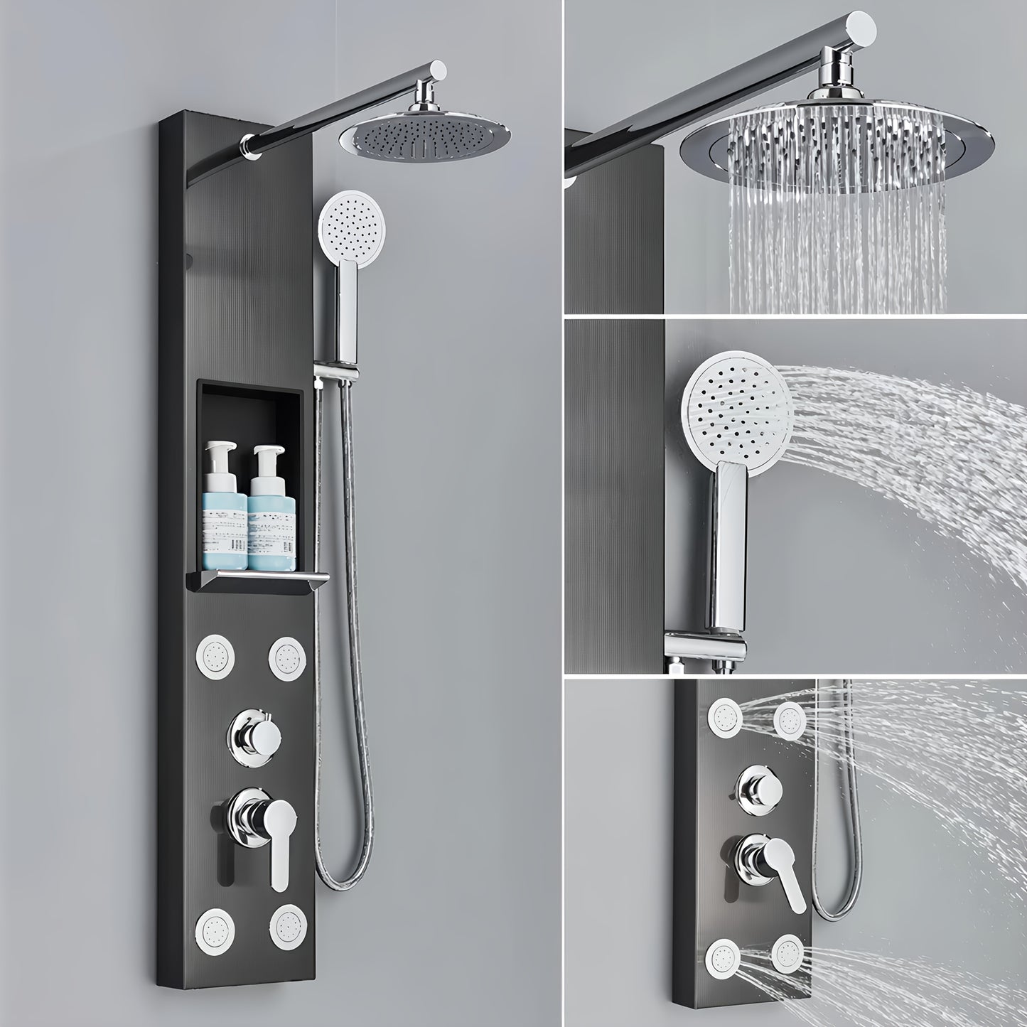 Douchesysteem – Doucheset – Douchepaneel – Douchekolom – Regendouche – RVS Mat Zwart – 20 cm Regendouche – 4 Bodyjets Met Handdouche 3-standen