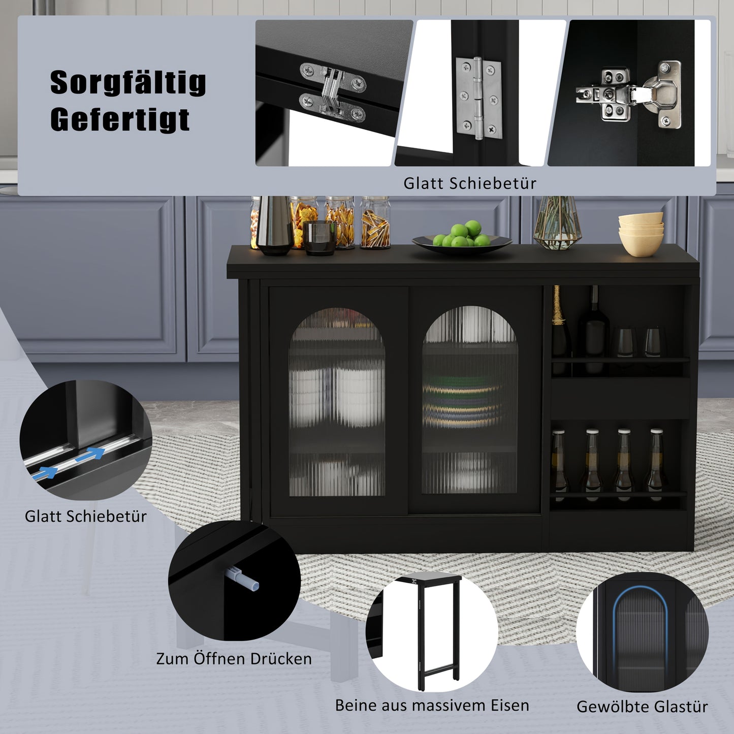Draaibare Bartafel – Bar Tafel – Hoog Tafel – Barkeuken Meubel – Opbergtafel – Zwart – 360° Rotatie – Ruime Opbergruimte Met Glazen Deurtjes