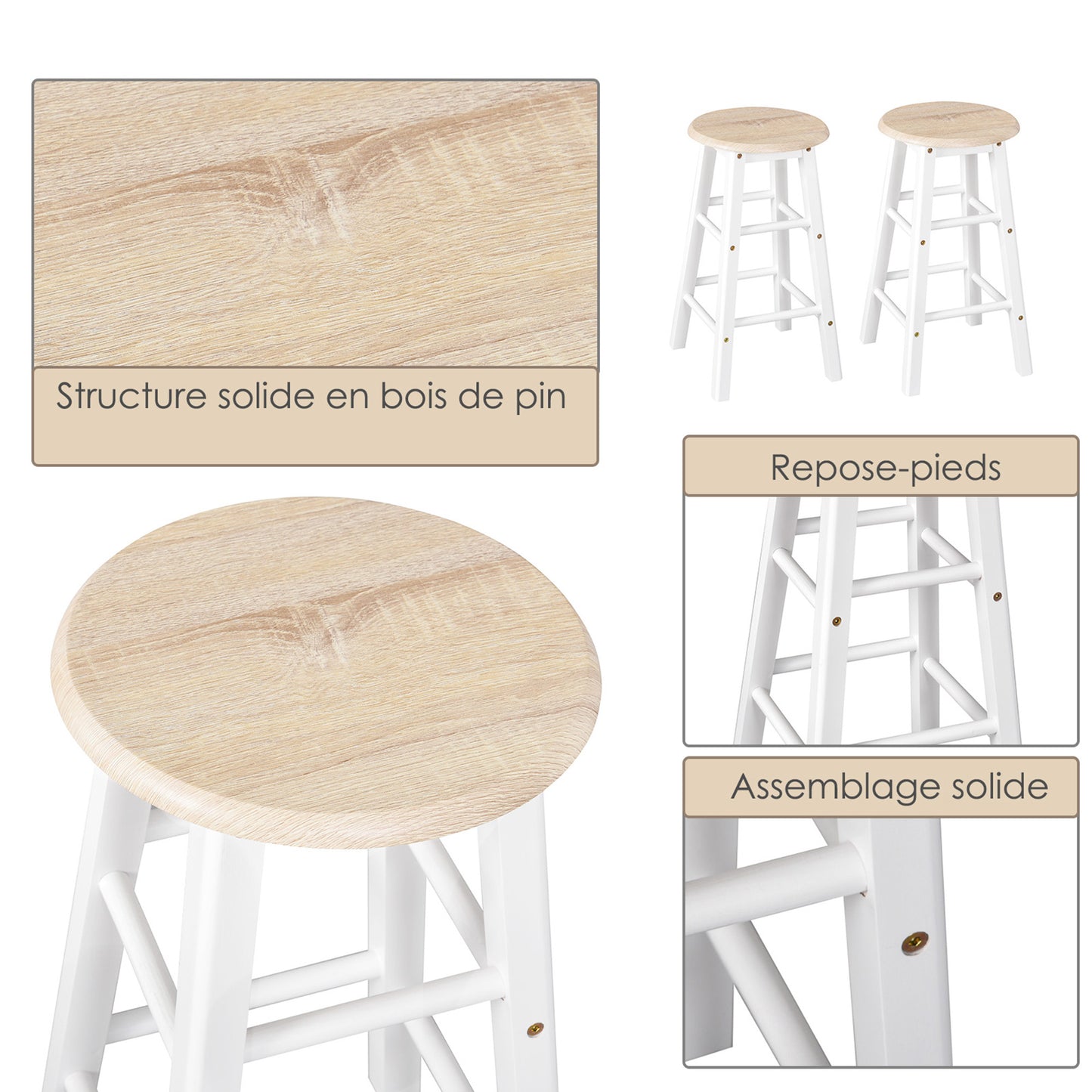 Bar Tafel Set – Barkrukset – Serveertafel – Bar Meubel – Keukentafel – Met Wielen En Opbergruimte – Pine MDF Wit Eiken – Compact En Mobiel