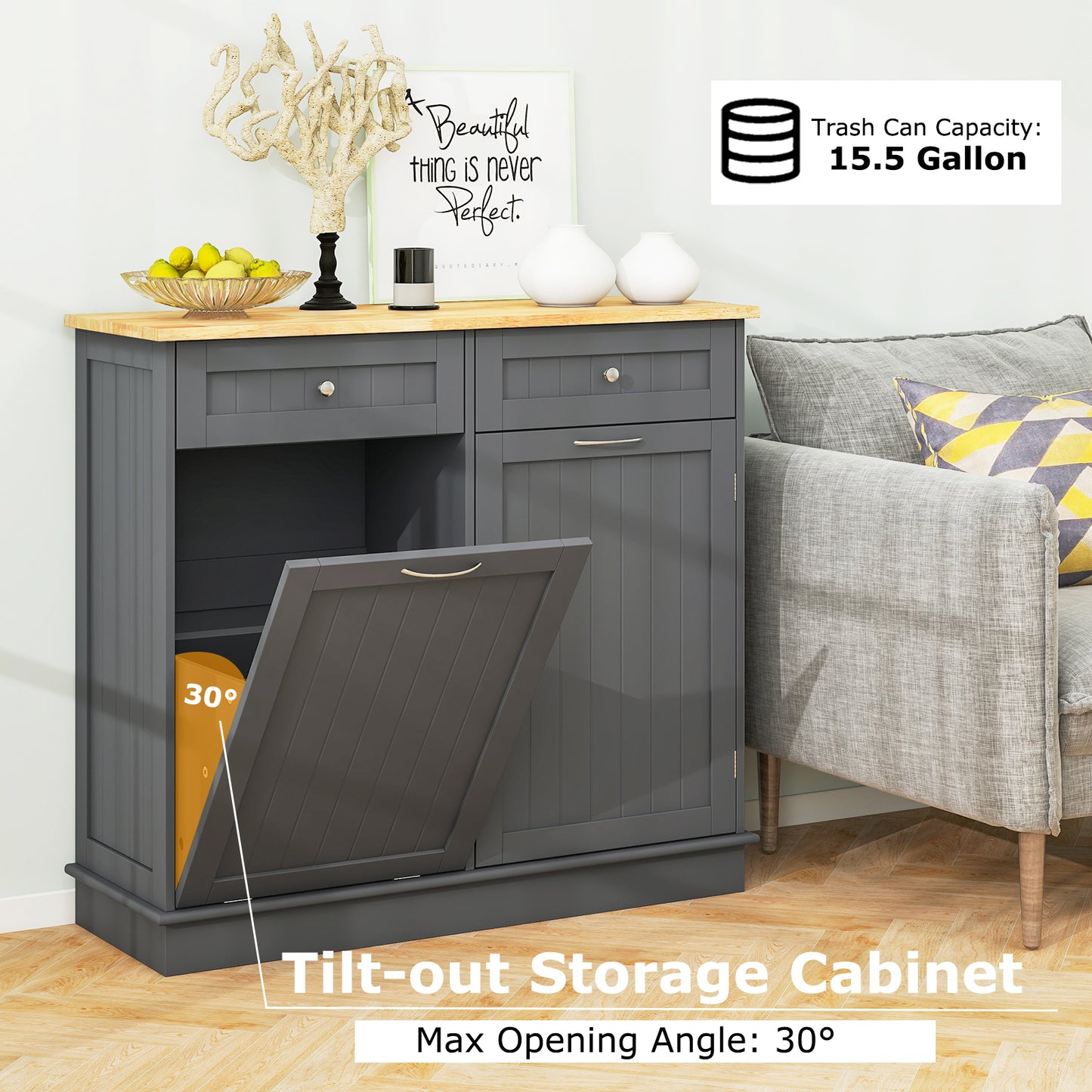 Tilt-Out Afvalkast Keuken – Afvalbak Kast – Prullenbak Kast – Uitklapbare Afvalbak – Afvalcontainer Kast – Rubberhouten Blad – 11 Gallon Inhoud – 2 Lades Met Verstelbare Plank