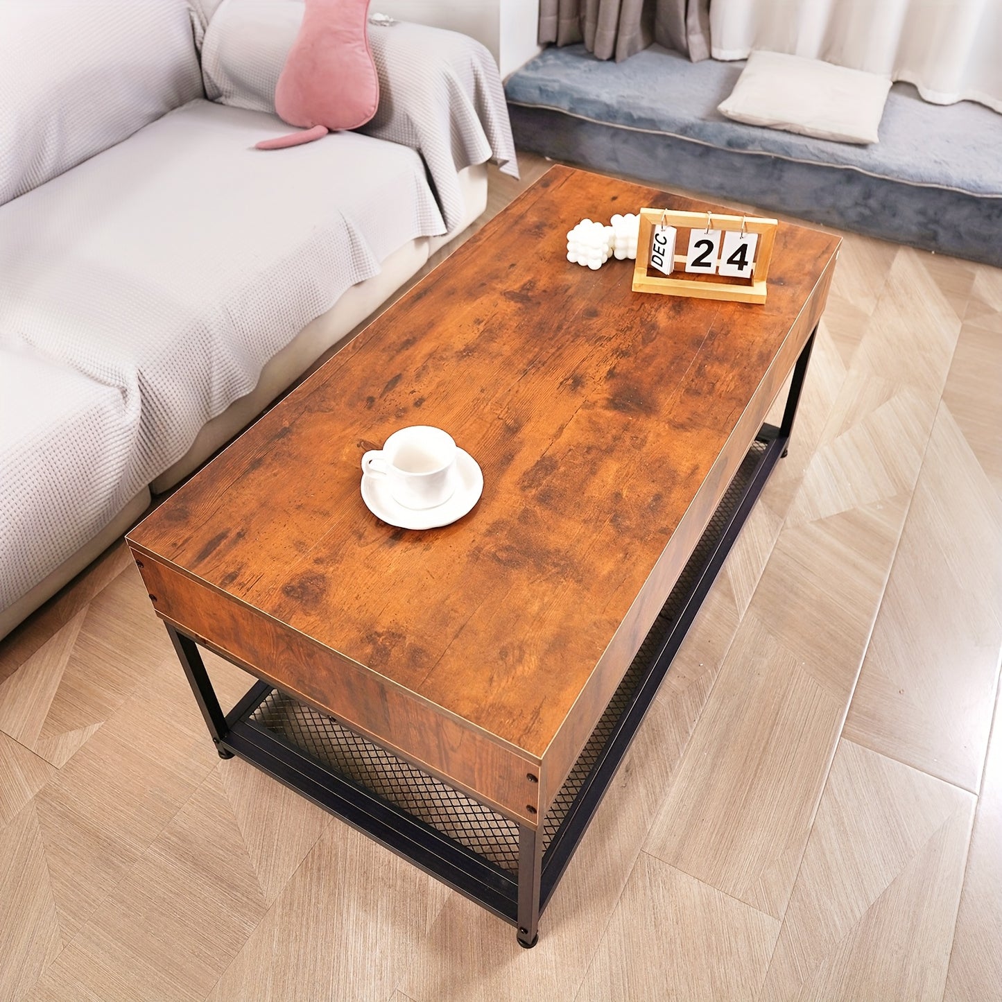 Salontafel – Koffietafel – Bijzettafel – Woonkamertafel – Tafel – Verstelbaar Lift-Top – Verborgen Opbergruimte – Hout – Metaal – Rustiek Bruin