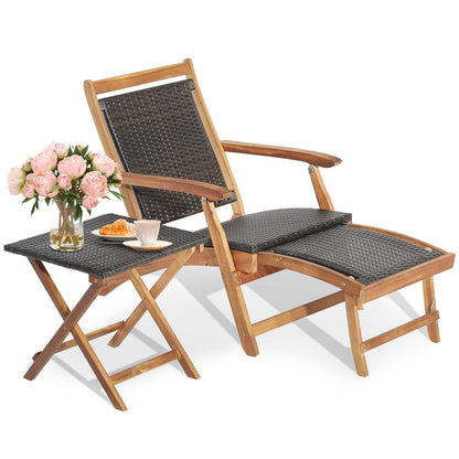 Rattan Ligstoel – Tuinstoel – Ligbed – Strandstoel – Balkonstoel – Uittrekbare Voetensteun – Inklapbaar Met Bijzettafel – Max 160 Kg Belastbaar – Weerbestendig PE-Rattan Bruin