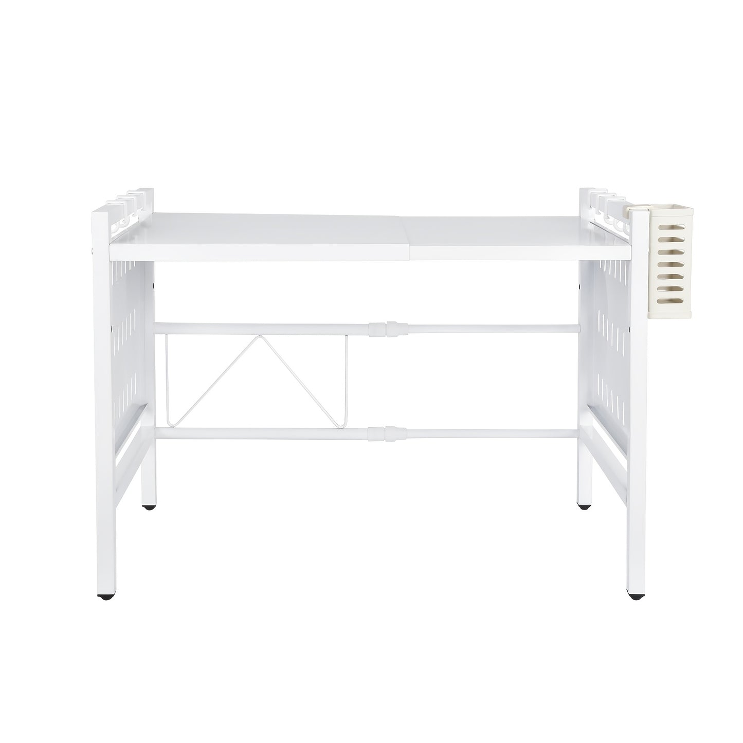 Metalen Magnetronrek – Keukenrek – Opbergrek – Plank – Rek Verstelbaar – Verstelbare Breedte 42-68 cm – Robuust Zwaar Stalen Frame – 6 Haken & Eetstokjeshouder – Wit 42x36x46 cm