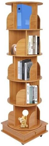 Draaibare Boekenplank – Kinderboekenrek – Rotatiekast – Rond Hoeken Boekenkast – Vloerstaande Opbergkast – 360° Draaibaar – 5 Niveaus – 173 cm Hoog – Natuurlijk Hout