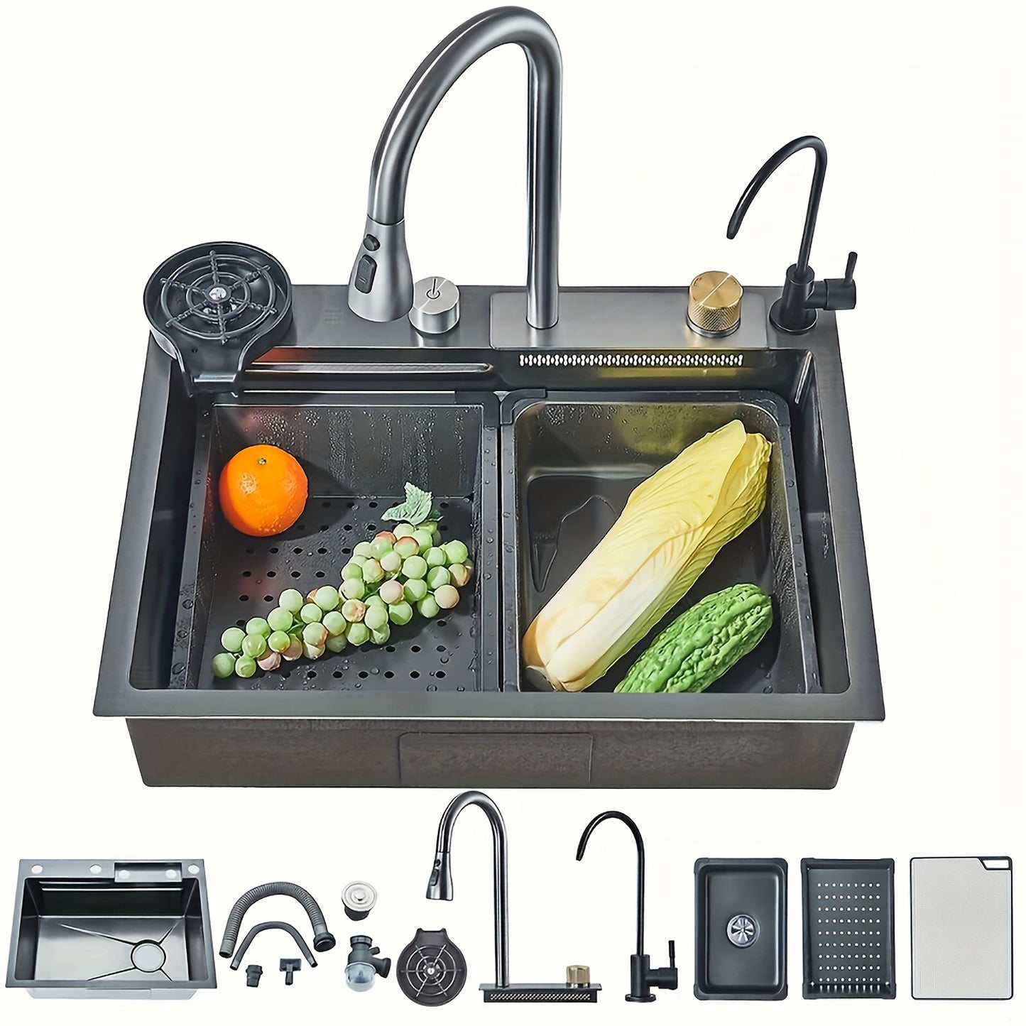 76.2cm*45.72cm Waterfall Kitchen Sink, Drop In Kitchen Sink Single Bowl, 304 Stainless Steel Kitchen Sink Workstation With Pull-Out Faucet And Multiple Accessories