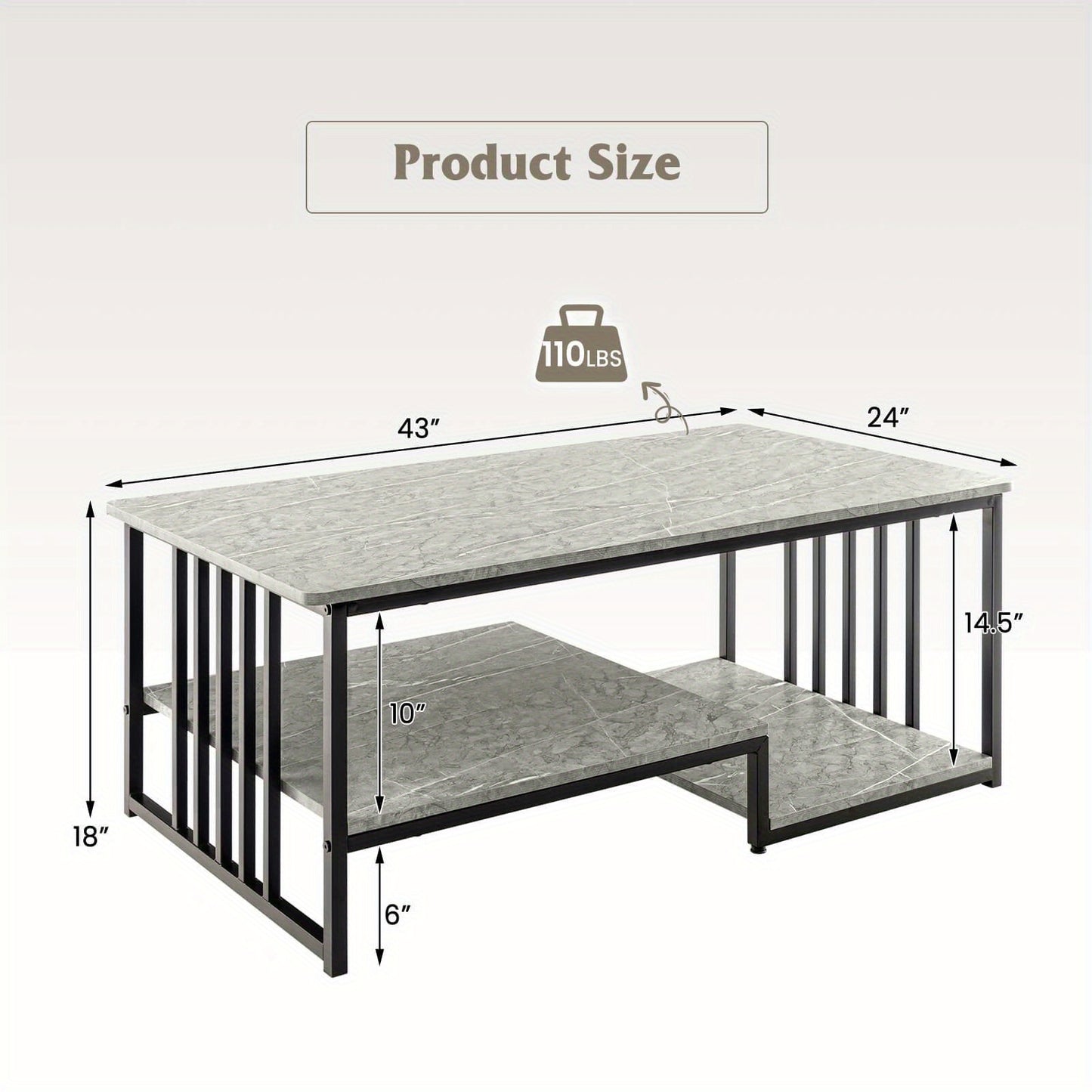 Grijze Marmeren Salontafel – Koffietafel – Bijzettafel – Woonkamertafel – Tafel Met Opbergruimte – Zwart Metalen Onderstel – Tweelaags Ontwerp – Stevig En Duurzaam
