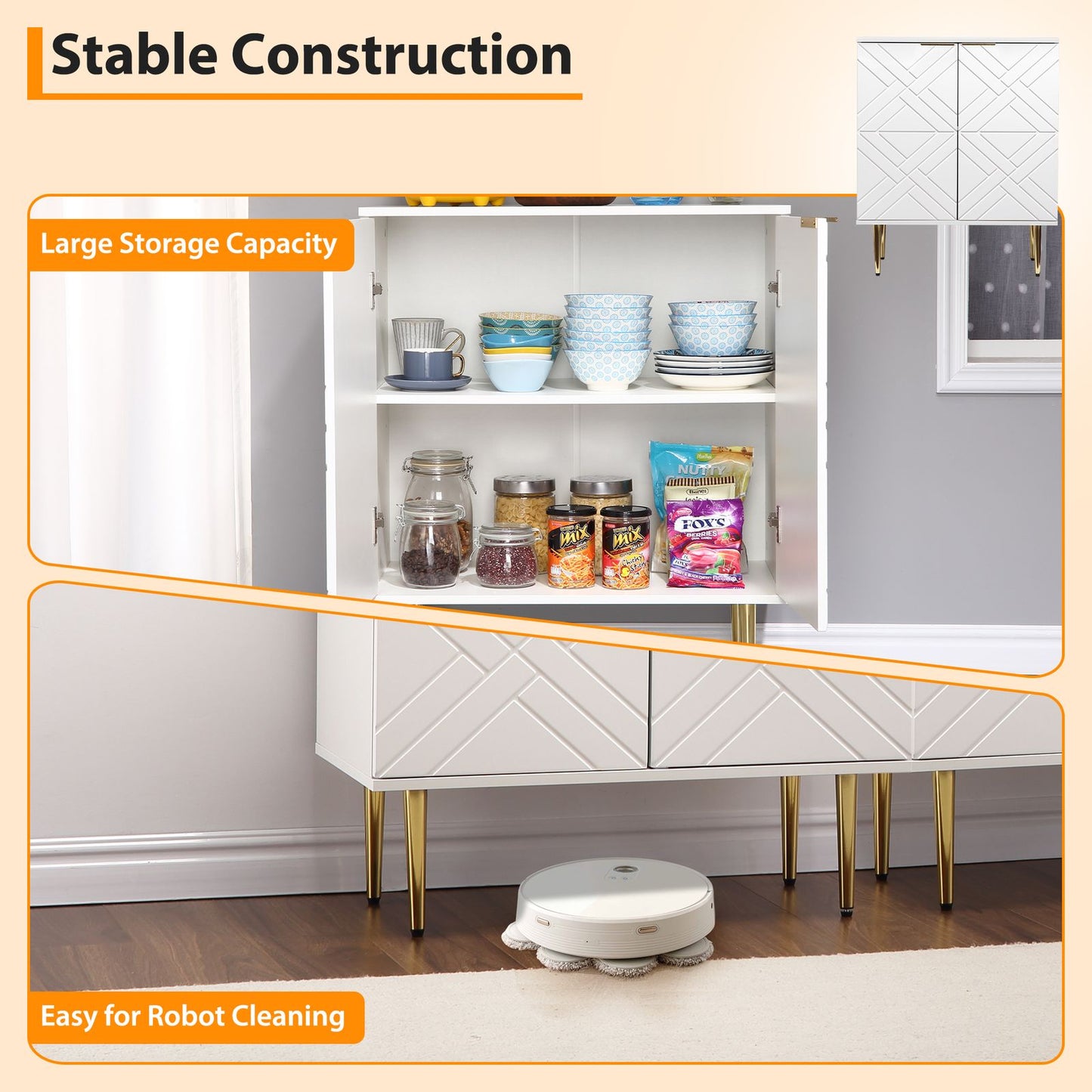 Sideboard – Dressoir – Buffetkast – Opbergkast – Witte Kast – Warm Wit – Verstelbare Planken – Compact Design