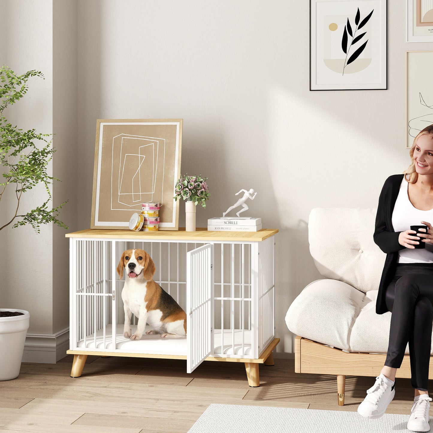 Hondenbench – Hondenkooi – Hondenmand – Hondenhuis – Reishondenbench – Vergrendelbare Deur – Uitneembaar Wasbaar Kussen – Stijlvol Wit Eiken – Staal Houtcomposiet – 86x60x70 cm – Goede Ventilatie