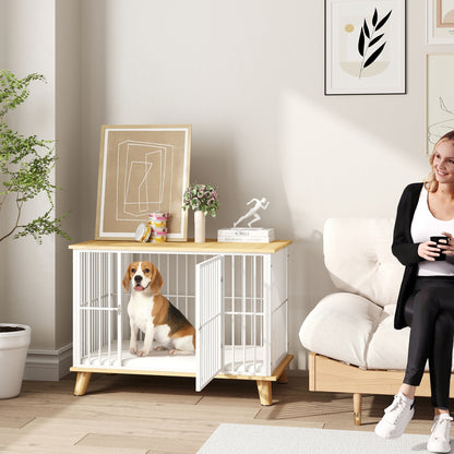 Hondenbench – Hondenkooi – Hondenmand – Hondenhuis – Reishondenbench – Vergrendelbare Deur – Uitneembaar Wasbaar Kussen – Stijlvol Wit Eiken – Staal Houtcomposiet – 86x60x70 cm – Goede Ventilatie