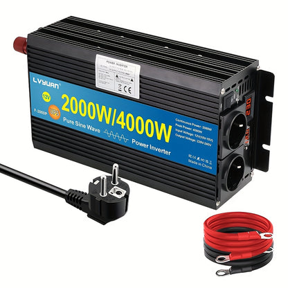 Autospanningsomvormer – Stroomomzetter – Inverter – DC naar AC Converter – 2000W Zwarte Variant – Zuivere Sinusgolf – 3 Europese Stopcontacten