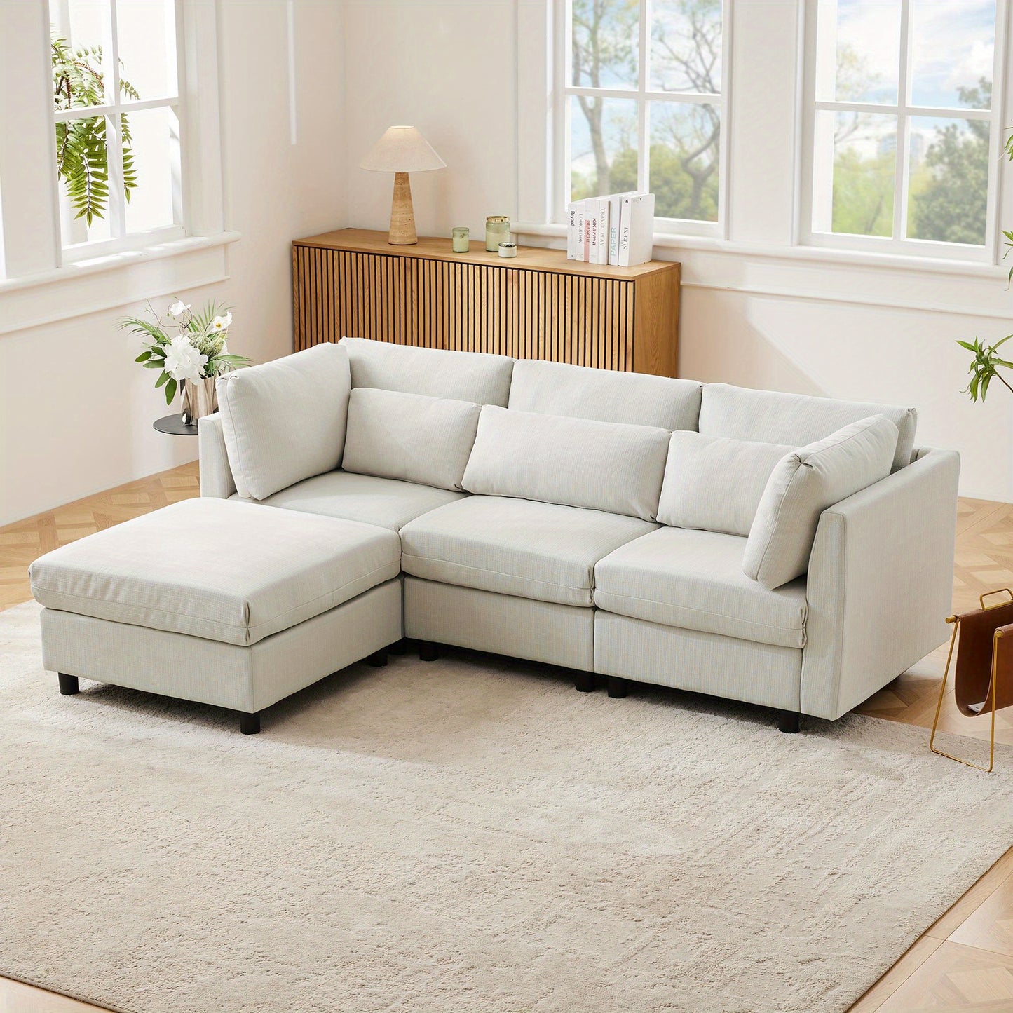 Hoekbank – Hoeksalon – Loungebank – Slaapbank – 3-Zitsbank – Katoen-Linnen Stof – Verwijderbare Voetenbank – Stevig Houten Frame – Comfortabele Kussens
