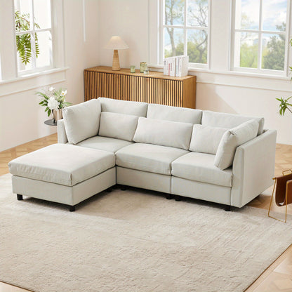 Hoekbank – Hoeksalon – Loungebank – Slaapbank – 3-Zitsbank – Katoen-Linnen Stof – Verwijderbare Voetenbank – Stevig Houten Frame – Comfortabele Kussens