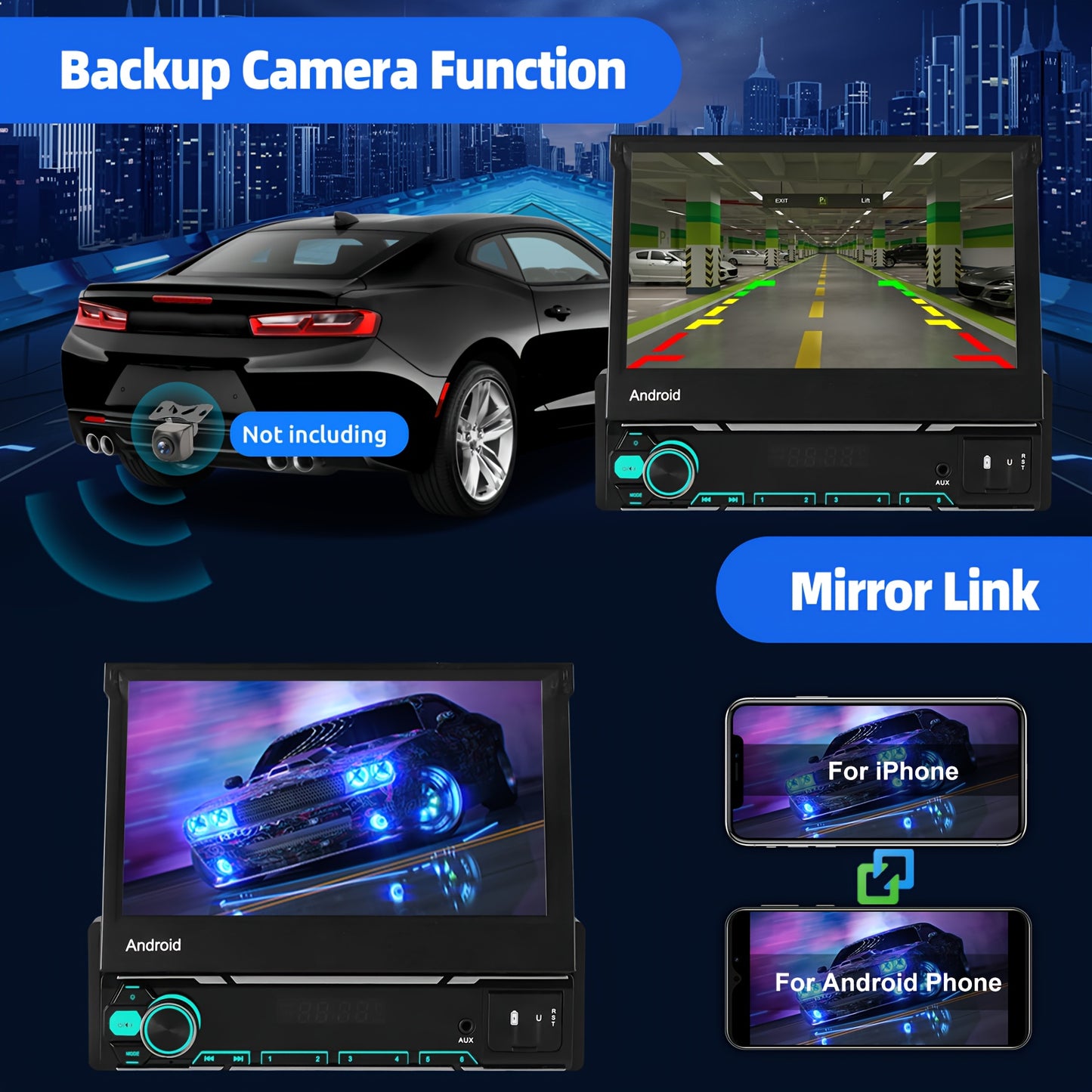 Multimedia Autoradio – Car Stereo – GPS Navigatie – Android Speler – 1 DIN Radio – 7 Inch Uitklapbaar IPS Touchscreen – Android 14 – Wireless CarPlay & Android Auto