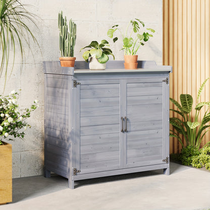 Tuinwerkbank – Oppottafel – Tuinwerktafel – Plantentafel – Werkbank – Met Metalen Werkblad – Houten Opbergruimte Met Verstelbare Plank – Duurzaam En Weerbestendig